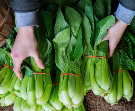 Hands grabbing bunches of bok choy at a market stall.