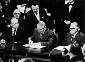 Edward Heath signing the treaty for Britain to join the European economic community at the Palais d’Egmont in Brussels, Belgium, in 1972.