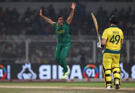 Tabraiz Shamsi celebrates after dismissing Marnus Labuschagne.