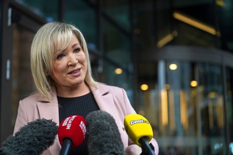 Michelle O'Neill speaking to the media outside the Grand Central Hotel in Belfast