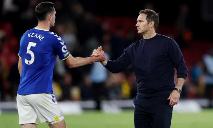 Frank Lampard shakes hands with Everton defender Michael Keane after the draw at Watford