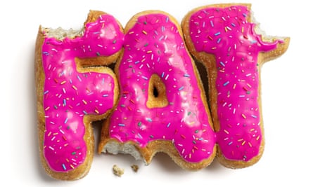 An illustration of the word ‘fat’ written in doughnuts with pink icing and several bites taken out of it