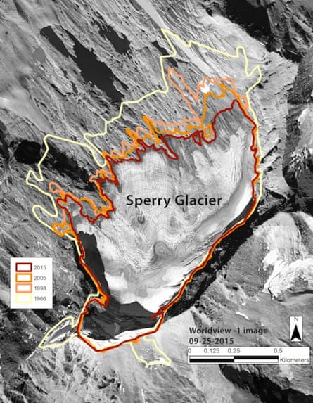 The perimeter of Sperry Glacier in Glacier national park in 1966,1998, 2005, and 2015