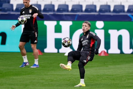 Gianluca Prestianni trains at the Bernabéu on Tuesday as Benfica appeal his provisional one-match ban for the second leg.