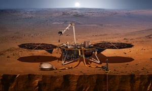 An artist’s concept shows the InSight lander, its sensors, cameras and instruments, on Mars.