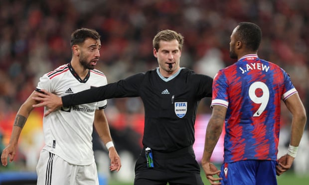 Bruno Fernandes, pictured arguing with argues with Crystal Palace's Jordan Ayew during Manchester united’s pre-season win, says ‘if someone comes late, he should be punished’.
