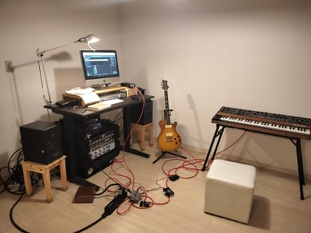 ‘After uploading, I study a bit then go to bed around 11pm’ … Aoyama’s home studio.