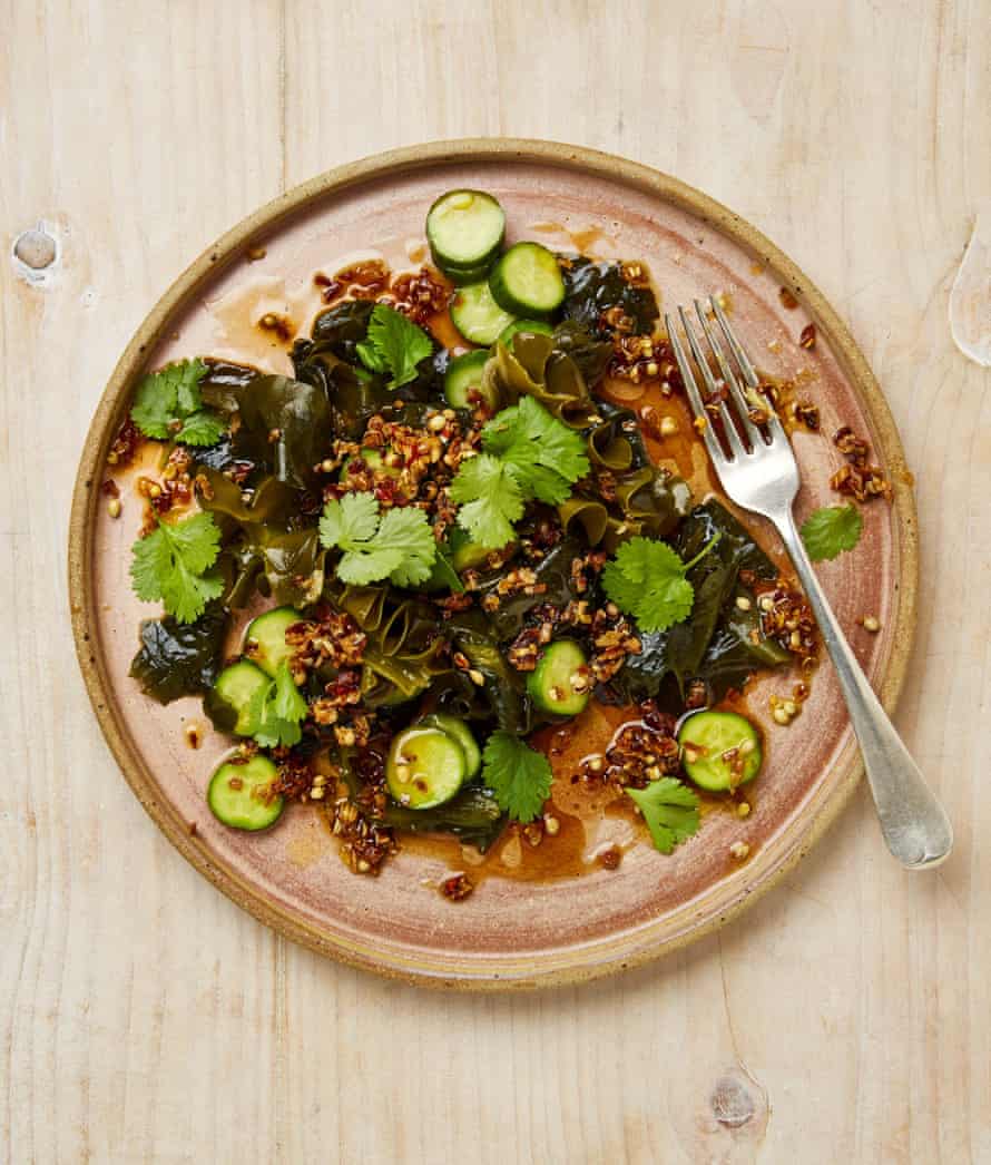 Yotam Ottolenghi's wakame and baby cucumber with crispy shallot and coriander seeds.