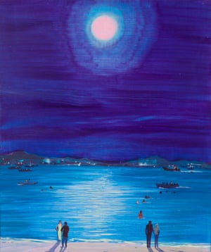 They Were All Seeking the Same Thing, 2017Everyone wants a little peace mind and quietness from the chaos of the world. That’s why I called this painting They Were All Seeking the Same Thing. It’s people enjoying the moon, the beach. And then you think: what are those boats in the background? Why are those people in the water?