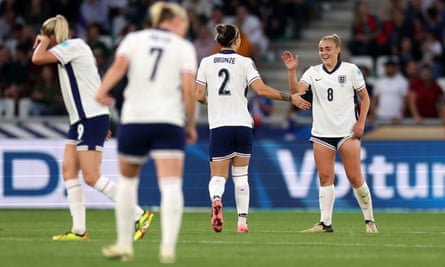 Georgia Stanway (right) celebrates after giving England the lead.