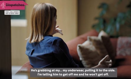 The back of a woman’s head with a caption that reads ‘He grabbing at my underwear, pulling it to the side. I’m telling him to get off me and he won’t get off.’