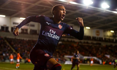 Joe Willock celebrates after scoring his second goal for Arsenal against Blackpool.