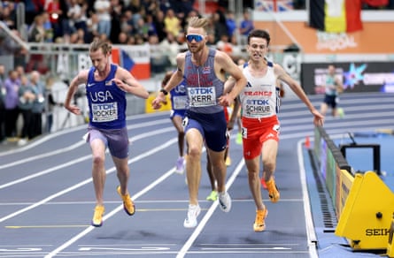 Josh Kerr crosses the line to win the 3,000m