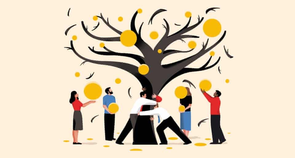 illustration by nathalie lees: people gathering the fruits of a tree representing a more democratic economic system