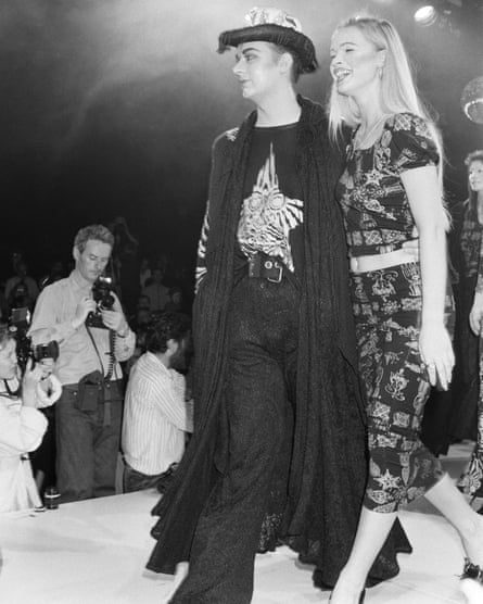 Culture Club singer Boy George modelling clothes on the catwalk at the Bodymap Fashion Show at the Duke of York barracks in Chelsea, 1985.