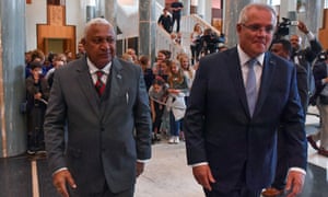 Australia’s Prime Minister Scott Morrison and Fiji’s Prime Minister Frank Bainimarama leave after a welcome ceremony at Parliament House in Canberra in September 2019.