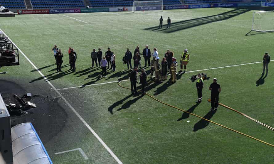 England game to go ahead after fire breaks out at Andorra stadium | World Cup 2022 qualifiers 2 Marks on and beside the pitch in Andorra after the fire