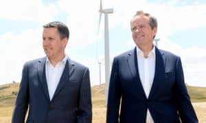Mark Butler and Bill Shorten at Woodlawn wind farm near Canberra. Butler says Labor will not ‘cop any devices to lock in low ambition’ on emissions reduction.