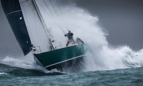 Water crashes onto the deck of one of the vessels battling the elements in the Rolex Fastnet race