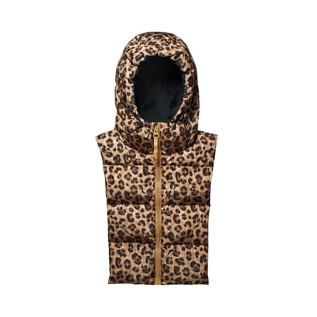 A sleeveless leopard-print puffer vest with a hood and gold zipper
