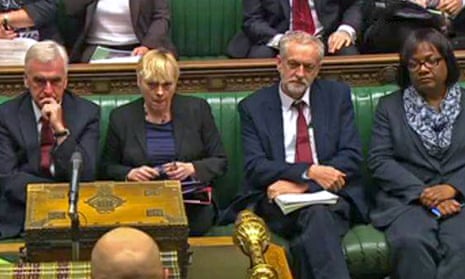 Angela Eagle, second left, on the Labour front bench with Jeremy Corbyn during a debate on the union bill.