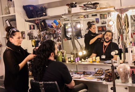 Azerbaijani tenor Yusif Eyvazov has his hair and make-up done before performing Calaf in the dress rehearsal