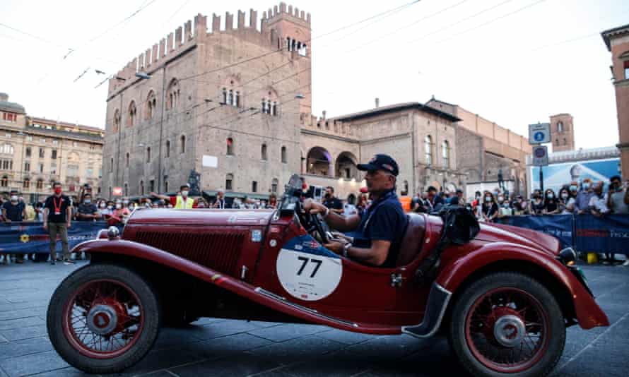 A vintage car during a rally in Bologna.