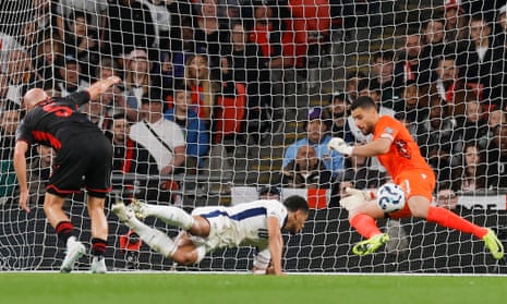 Albania’s keeper Thomas Strakosha denies Jude Bellingham with a fine save.