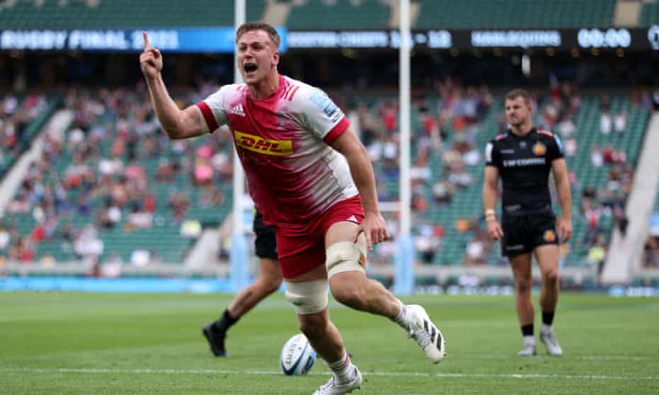 Harlequins’s Alex Dombrandt celebrates after scoring his side’s third try against Exeter.