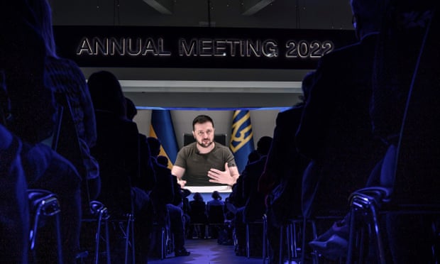 Ukrainian President Volodymyr Zelenskiy addresses the World Economic Forum (WEF) annual meeting in Davos by video link in May.