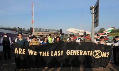 An Extinction Rebellion protest outside Heathrow airport, April 2019. 