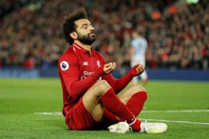 Mohamed Salah after scoring his second and Liverpool’s fifth goal.