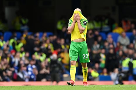 Teemu Pukki of Norwich City looks dejected after the Chelsea third goal scored by Reece James.