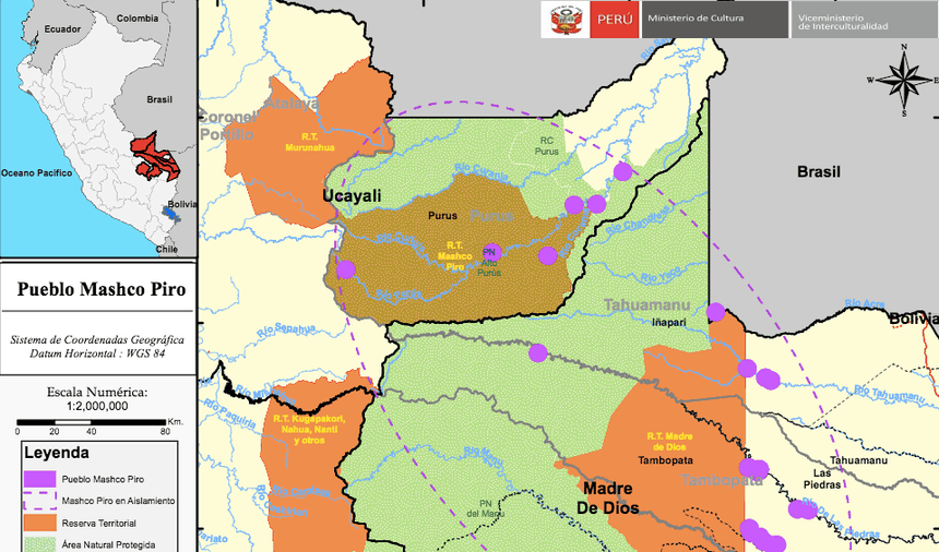 Culture Ministry map showing areas inhabited by indigenous people living in “isolation”, known as the “Mashco-Piro”, in Ucayali, Madre de Dios and Cusco. A highway from the Purus province to Iñapari on the border with Brazil - see below for details - would cut right through this region. Photograph: Peru's Culture Ministry