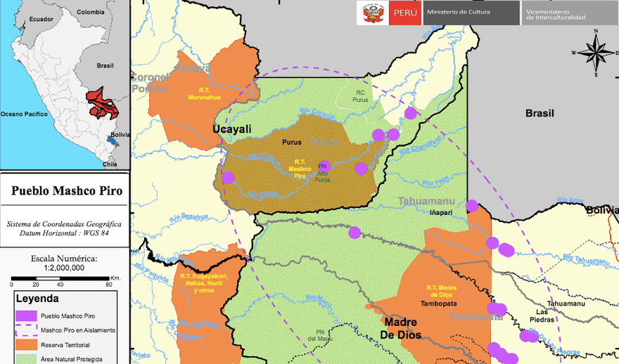 Culture Ministry map showing areas inhabited by indigenous people living in “isolation”, known as the “Mashco-Piro”, in Ucayali, Madre de Dios and Cusco. A highway from the Purus province to Iñapari on the border with Brazil - see below for details - would cut right through this region.
