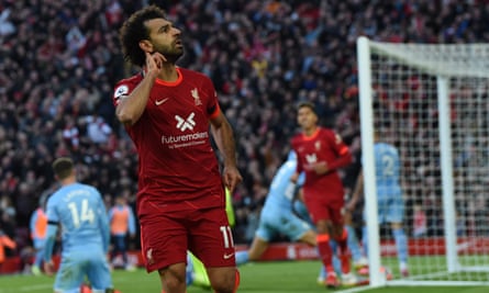 Mohamed Salah celebrates after scoring against Manchester City at Anfield