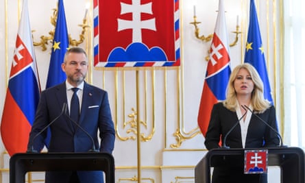 The Slovak president, Zuzana Čaputová, and president-elect Peter Pellegrini attend a press conference following the shooting of Robert Fico