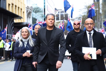 Hannah Tamaki (left) and Brian Tamaki (centre), lead an anti-government march in Wellington on Tuesday.