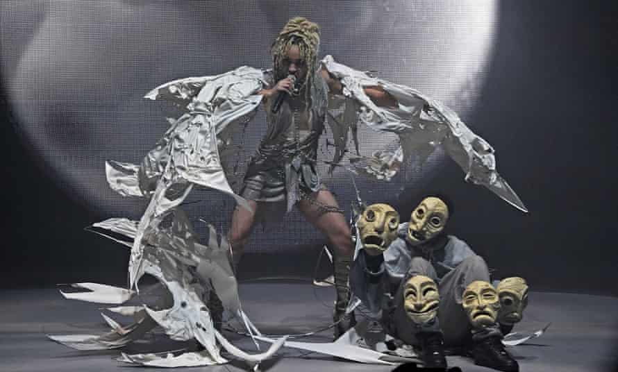 FKA twigs: ‘I don’t have secrets. I’m not ashamed of anything’ | FKA twigs 5 FKA twigs on stage at the 2022 NME awards, wearing an elaborate, winged costume