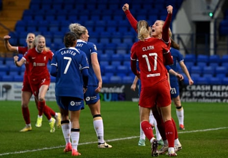 Sophie Roman Haug celebrates scoring Liverpool's equaliser against Chelsea with Jenna Clark.