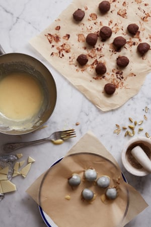 Snowy dark chocolate cardamom and Cointreau truffles.