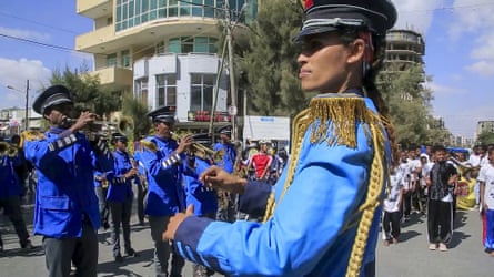 A police marching band plays at a street carnival in support of the peace deal agreed between the Ethiopian federal government and Tigray forces, in Mekelle, Tigray, on 26 November.