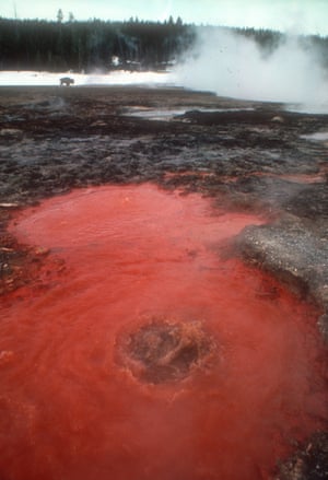 A blood-red hot spring pool