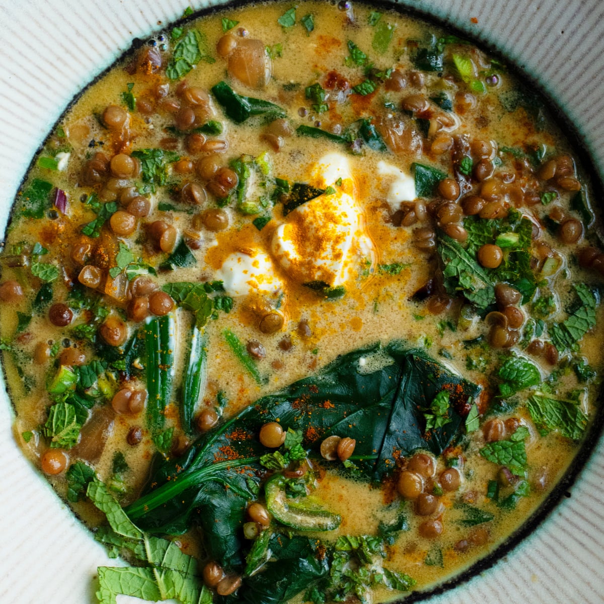 Nigel Slater's recipes for yoghurt, wheat, spinach and lentil soup