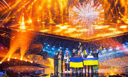 Kalush Orchestra celebrating their win for Ukraine at the Eurovision song contest.