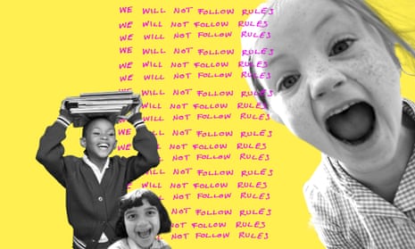 Composite image of children and lines saying 'I will not follow rules'