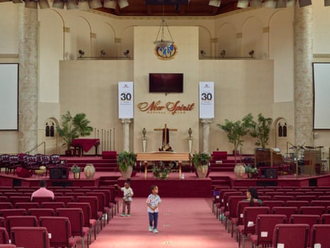 a church with red pews