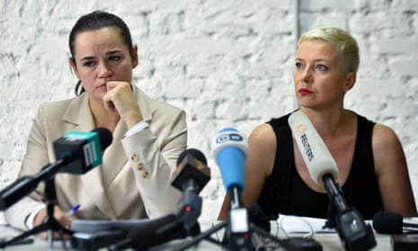Svetlana Tikhanovskaya and her ally Maria Kolesnikova hold a press conference the day after Belarus’ presidential election in Minsk.