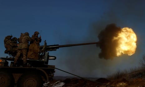 Ukrainian military fire an anti aircraft weapon in Bakhmut.