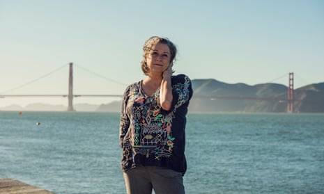 Abigail Disney photographed at Marina Green in San Francisco, with Golden Gate bridge behind, March 2021